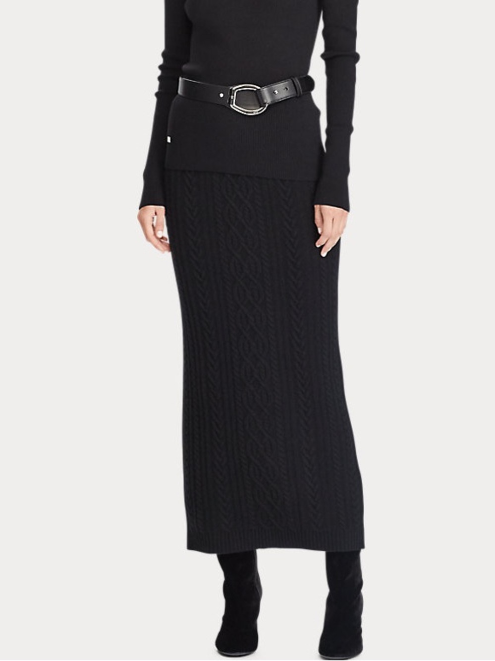 Lauren ralph lauren black wool cashmere blend cableknit sweater maxi skirt